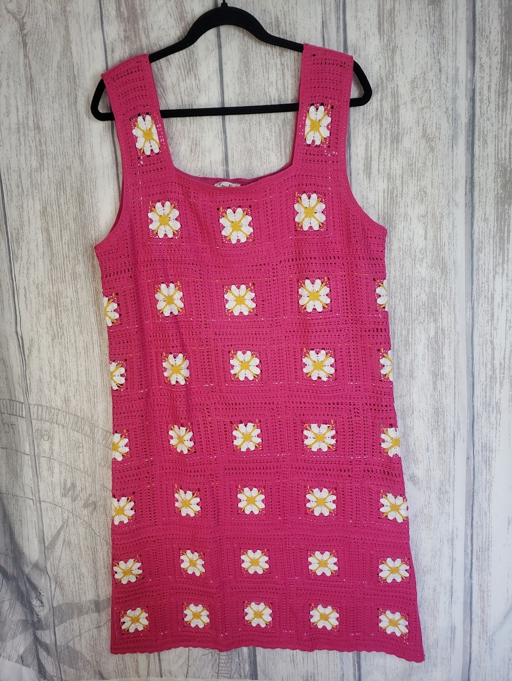 Kings Road Hot Pink Crochet Daisy Tank Dress Size XL Lined C24